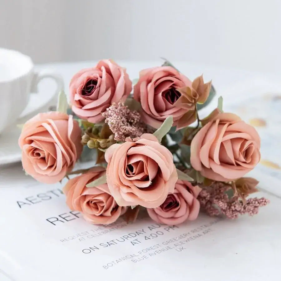 White rose and brown leaf peony silk bouquet wedding home decoration
