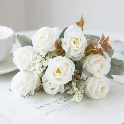 White rose and brown leaf peony silk bouquet wedding home decoration