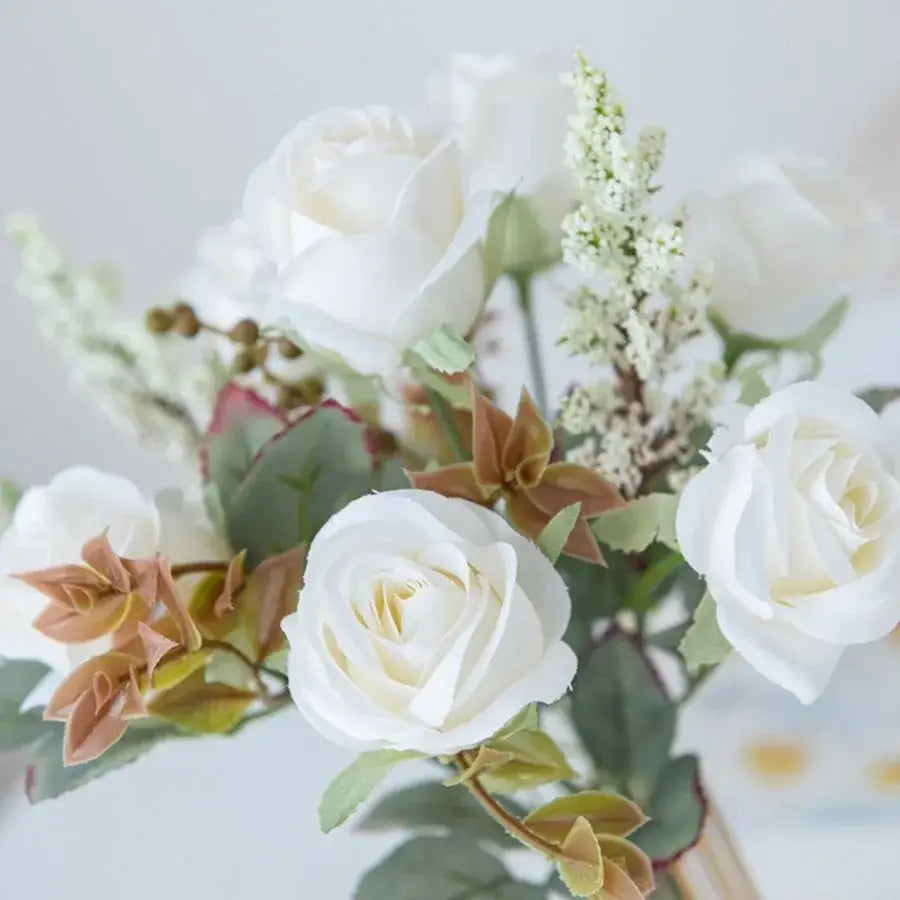 White rose and brown leaf peony silk bouquet wedding home decoration