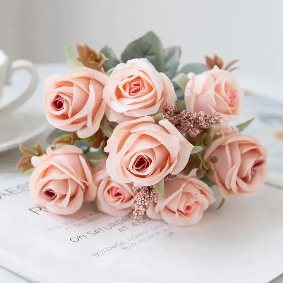 White rose and brown leaf peony silk bouquet wedding home decoration
