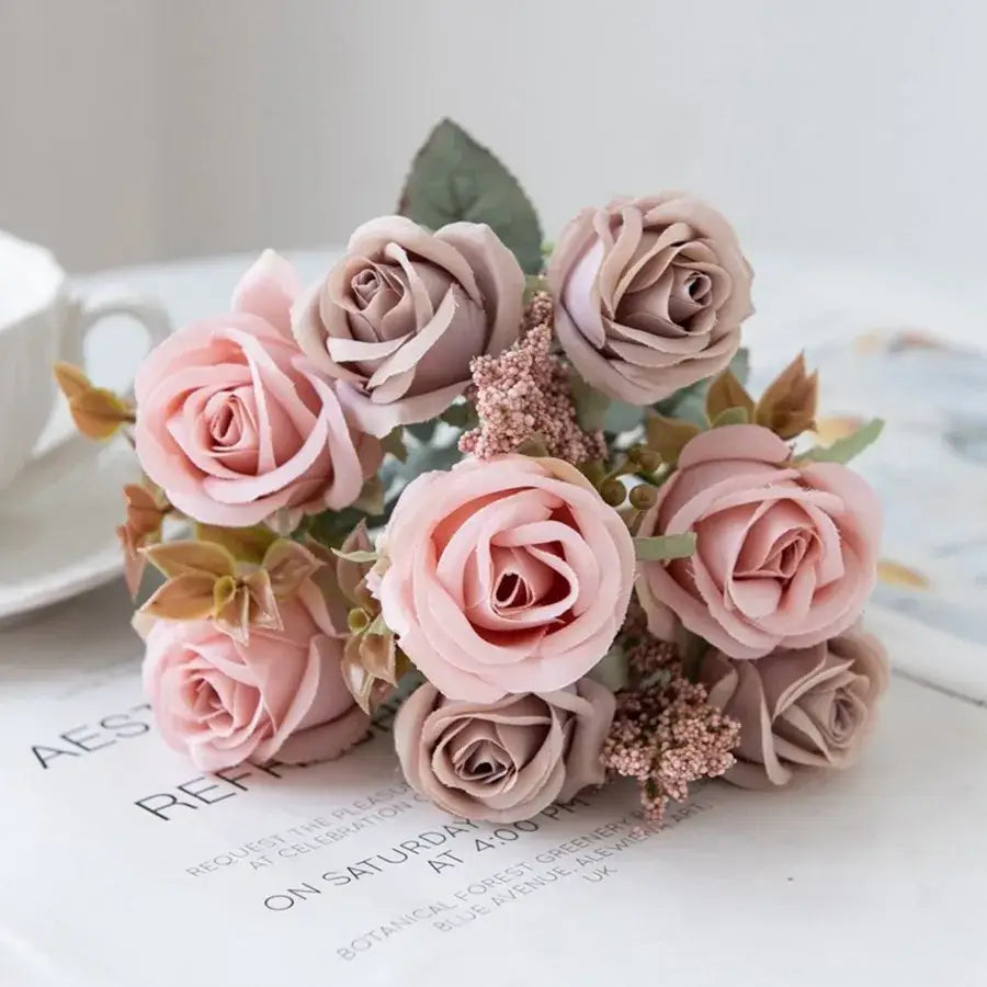 White rose and brown leaf peony silk bouquet wedding home decoration