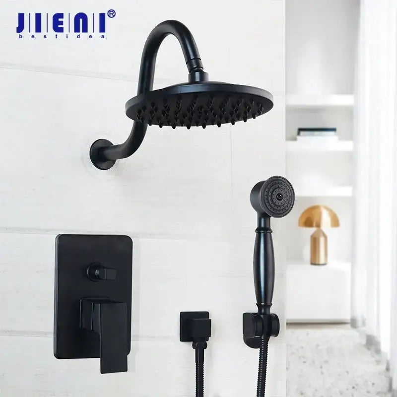 Matte black rainfall shower faucet set with handheld – bathroom