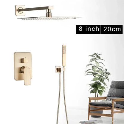 Modern gold rectangular rainfall shower faucet set bathroom fixture