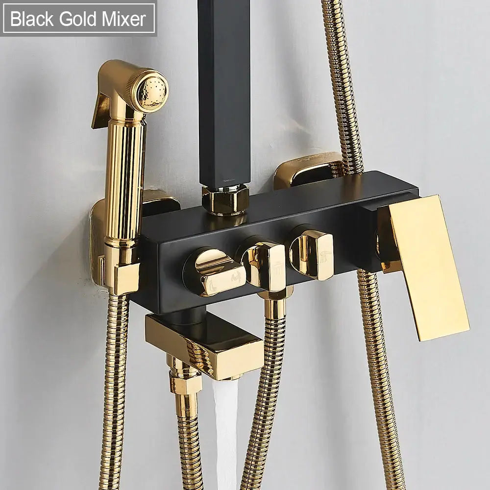 Modern black & gold rainfall shower set with bidet function bathroom