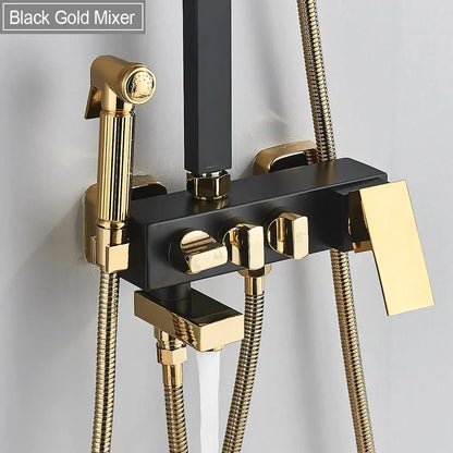 Modern black & gold rainfall shower set with bidet function bathroom