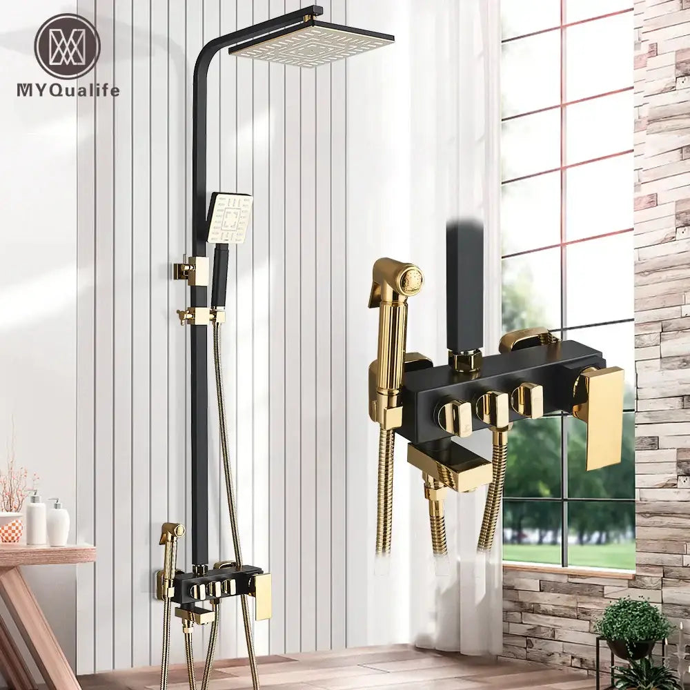 Modern black & gold rainfall shower set with bidet function bathroom