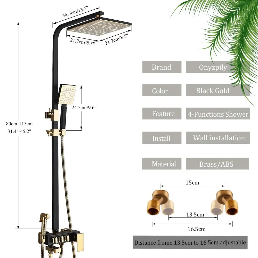 Modern black & gold rainfall shower set with bidet function bathroom