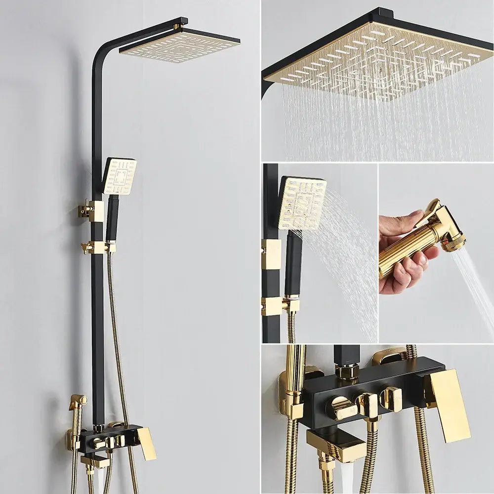 Modern black & gold rainfall shower set with bidet function bathroom