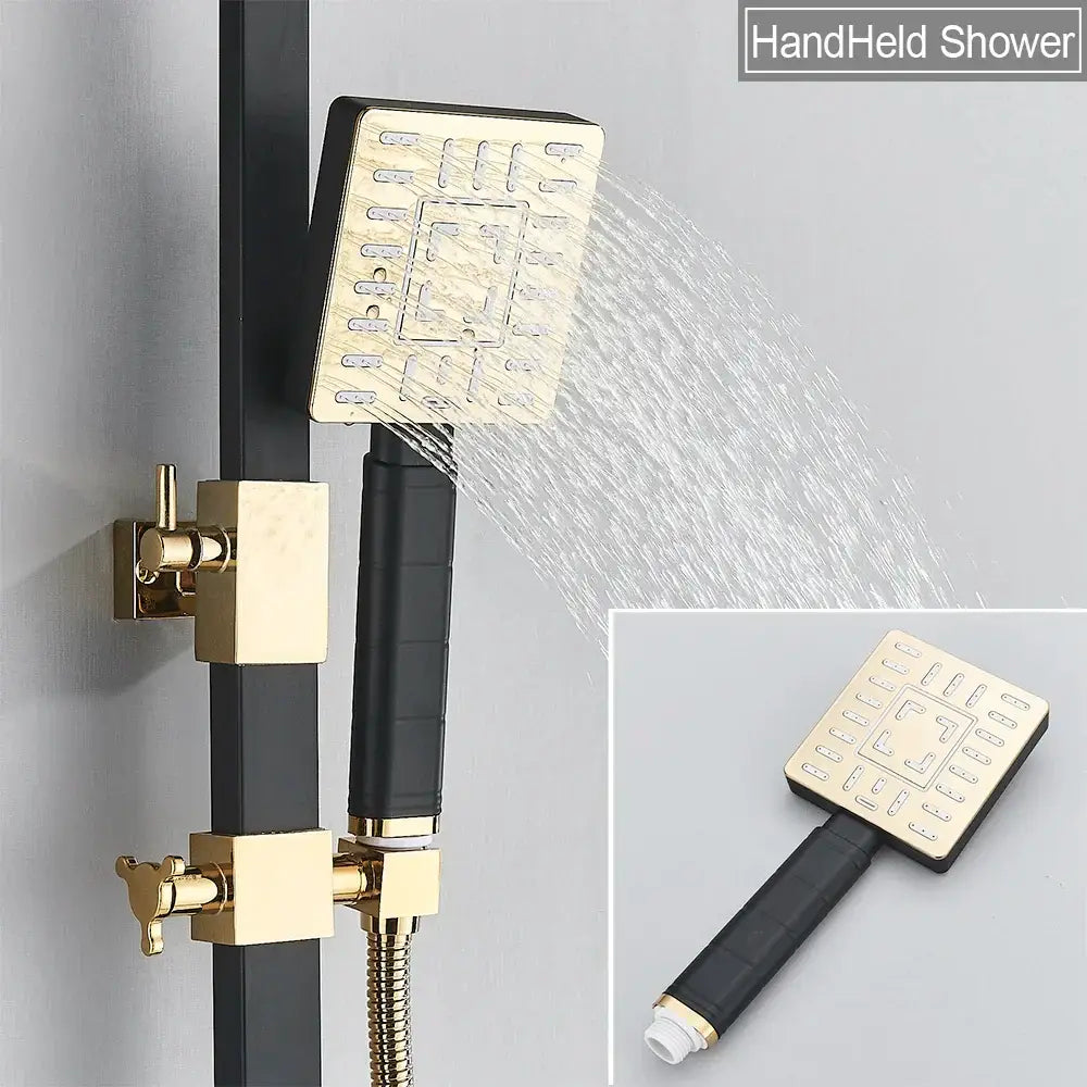 Modern black & gold rainfall shower set with bidet function bathroom