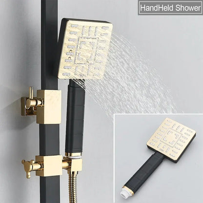 Modern black & gold rainfall shower set with bidet function bathroom