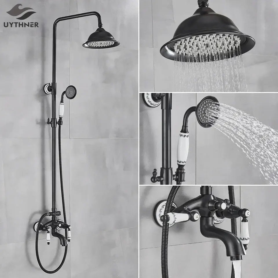 Matte black and white rainfall shower system with bathtub faucet bathroom hand shower