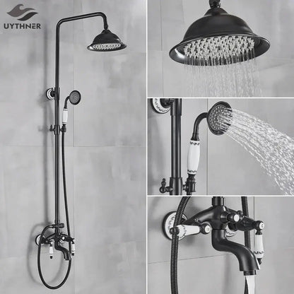 Matte black and white rainfall shower system with bathtub faucet bathroom hand shower