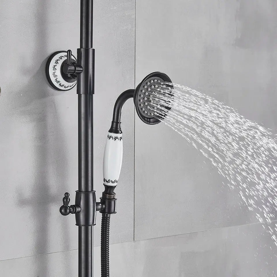 Matte black and white rainfall shower system with bathtub faucet bathroom hand shower