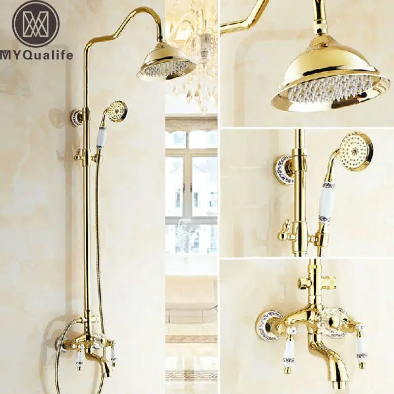 Gold and white ceramic rainfall shower tub faucet set bathroom