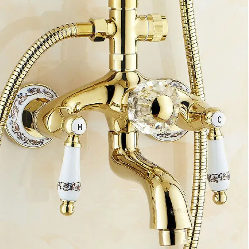 Gold and white ceramic rainfall shower tub faucet set bathroom