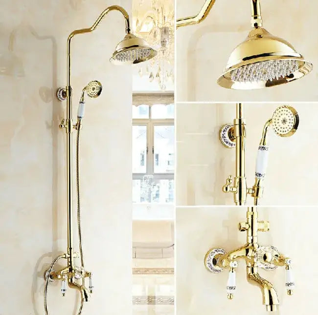 Gold and white ceramic rainfall shower tub faucet set bathroom