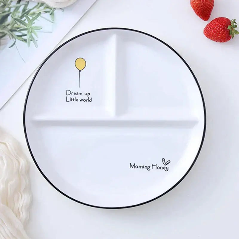 Illustrated white & black round grid plate dining room ceramic dish