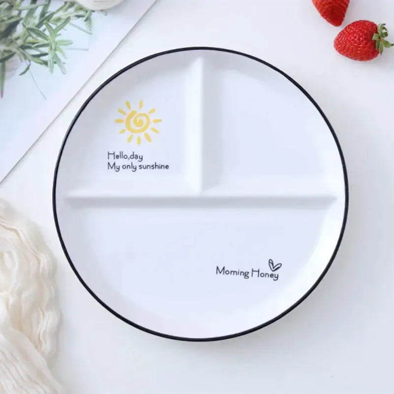 Illustrated white & black round grid plate dining room ceramic dish