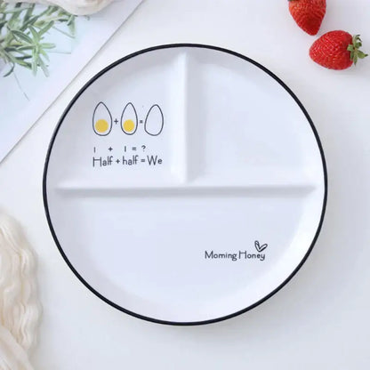 Illustrated white & black round grid plate dining room ceramic dish