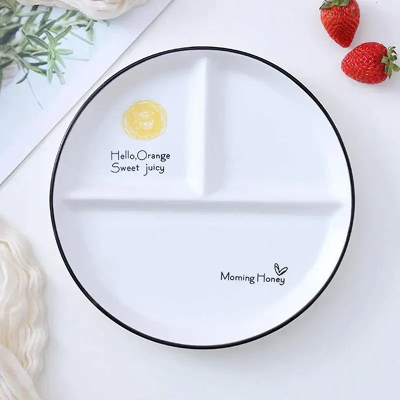 Illustrated white & black round grid plate dining room ceramic dish