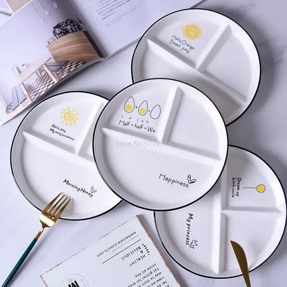 Illustrated white & black round grid plate dining room ceramic dish