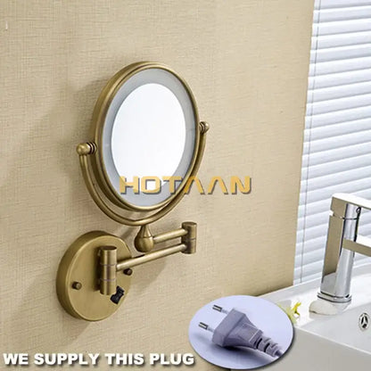 Brass round led light makeup mirror bedroom wall mounted 3x magnification