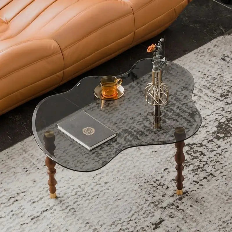 Organic peanut dark glass and solid wood coffee table living room