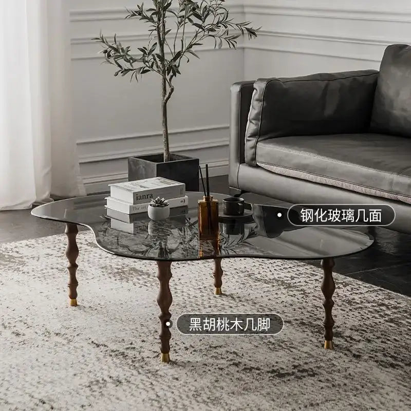 Organic peanut dark glass and solid wood coffee table living room