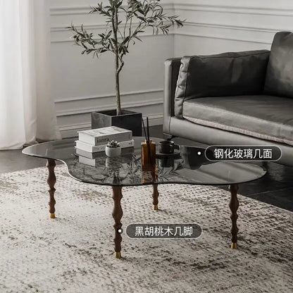 Organic peanut dark glass and solid wood coffee table living room