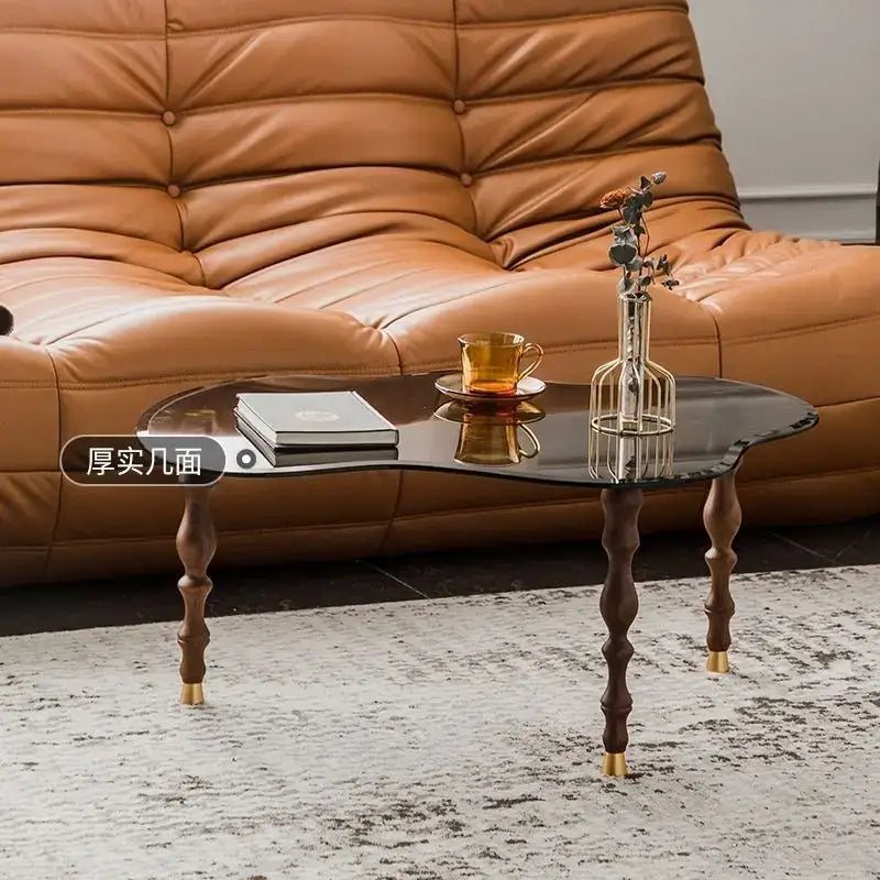 Organic peanut dark glass and solid wood coffee table living room