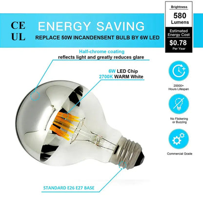 Silver mirror led filament dimmable g45 bulb set dining room 5 pack
