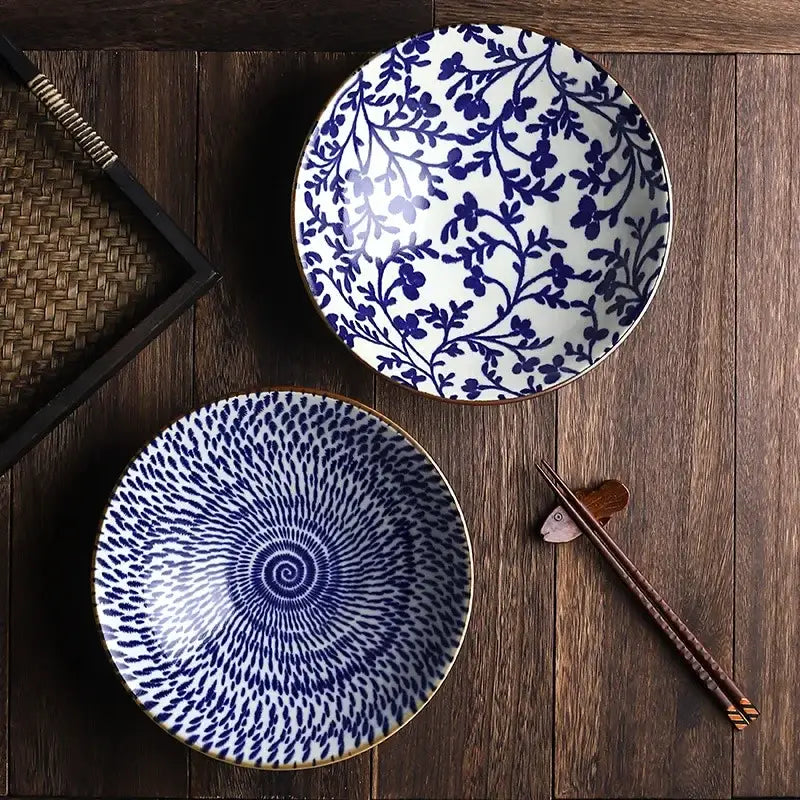 Floral navy & white ceramic japanese ramen bowl dining room dinnerware
