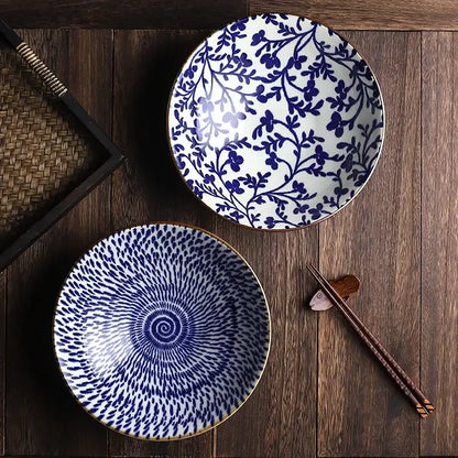 Floral navy & white ceramic japanese ramen bowl dining room dinnerware