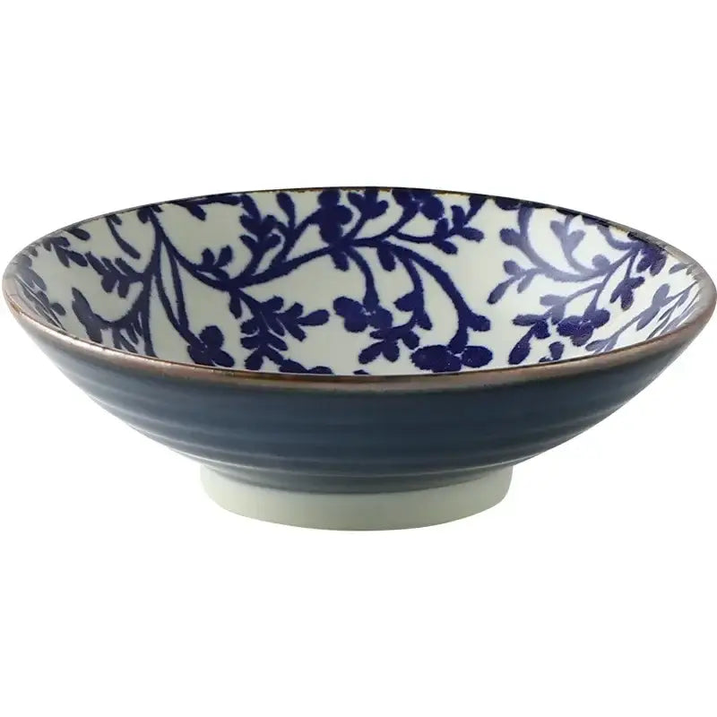Floral navy & white ceramic japanese ramen bowl dining room dinnerware