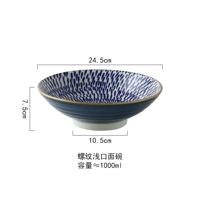 Floral navy & white ceramic japanese ramen bowl dining room dinnerware