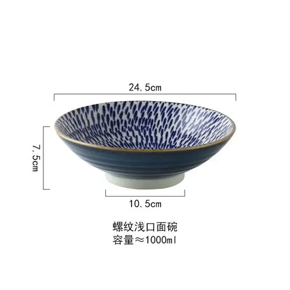 Floral navy & white ceramic japanese ramen bowl dining room dinnerware