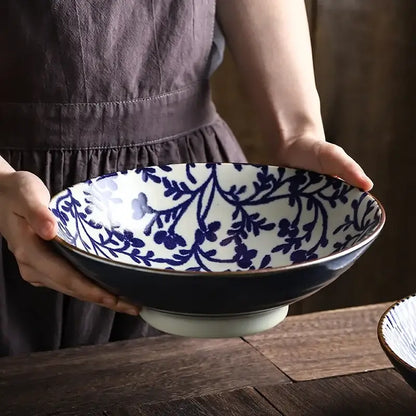 Floral navy & white ceramic japanese ramen bowl dining room dinnerware