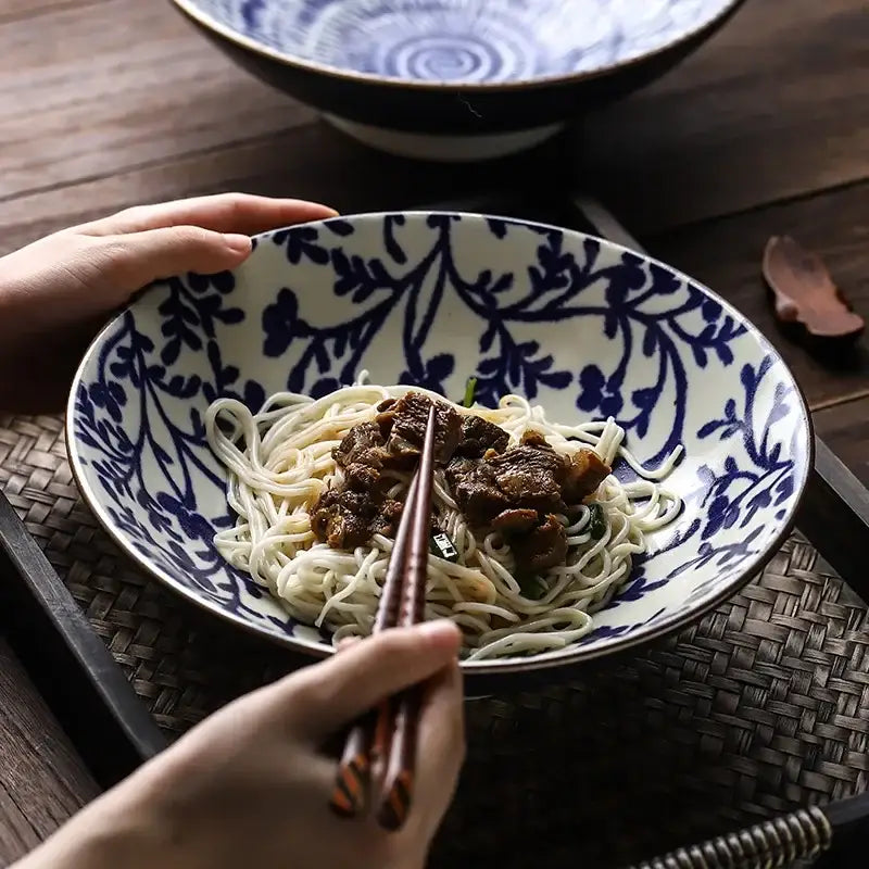 Floral navy & white ceramic japanese ramen bowl dining room dinnerware