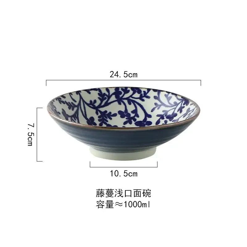 Floral navy & white ceramic japanese ramen bowl dining room dinnerware