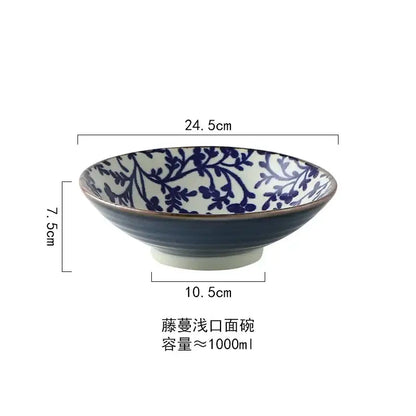 Floral navy & white ceramic japanese ramen bowl dining room dinnerware
