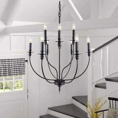 Retro industrial black chandelier 9-head dining room candle light