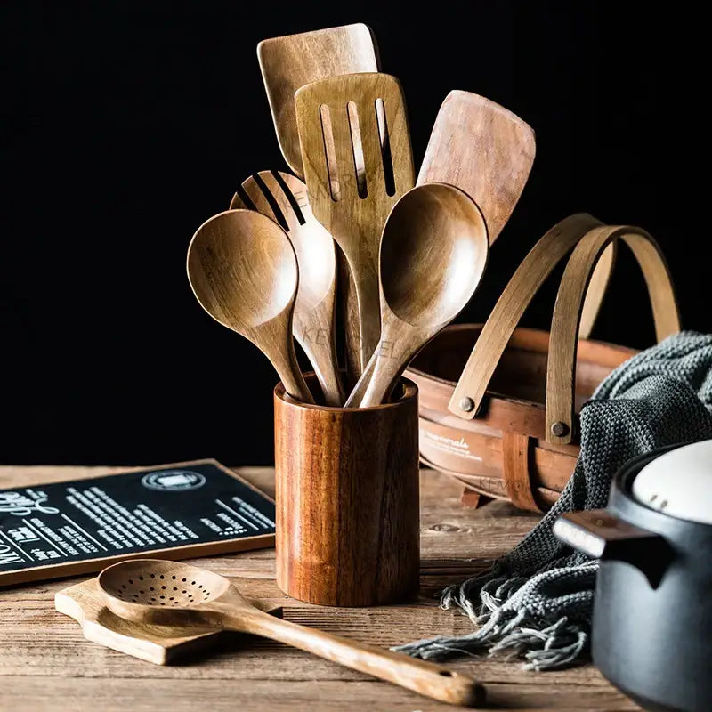 9 piece brown wooden cooking utensils set with holder kitchen tools