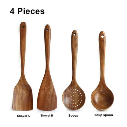9 piece brown wooden cooking utensils set with holder kitchen tools
