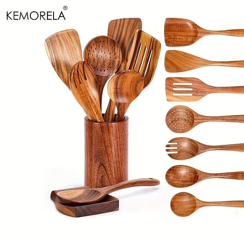 9 piece brown wooden cooking utensils set with holder kitchen tools