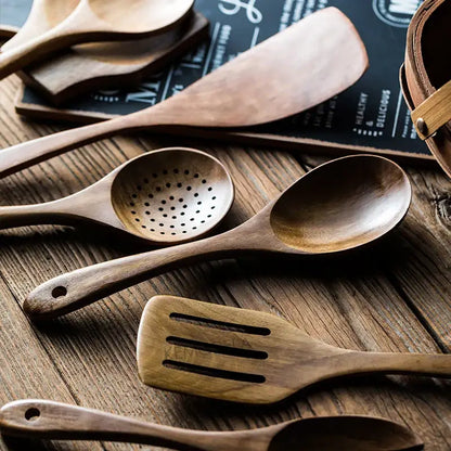 9 piece brown wooden cooking utensils set with holder kitchen tools