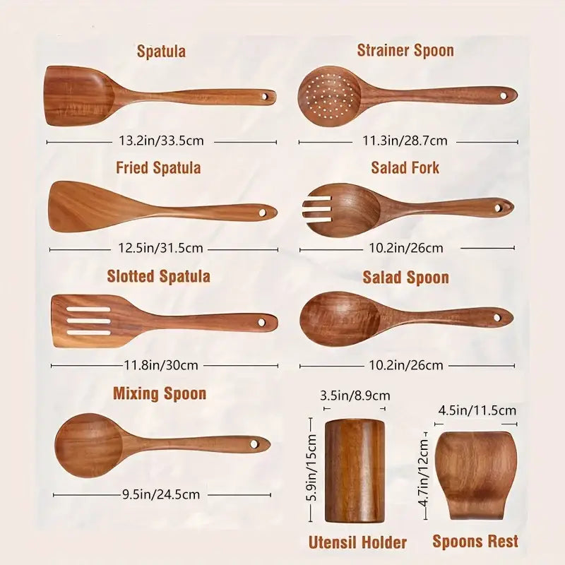 9 piece brown wooden cooking utensils set with holder kitchen tools