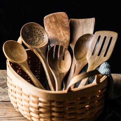 9 piece brown wooden cooking utensils set with holder kitchen tools