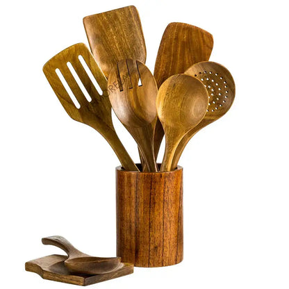 9 piece brown wooden cooking utensils set with holder kitchen tools