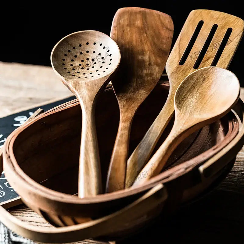 9 piece brown wooden cooking utensils set with holder kitchen tools