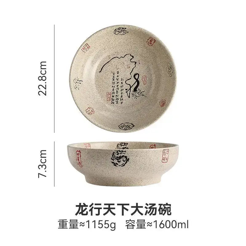 Retro beige ceramic ramen noodle bowl dining room blue fish pattern
